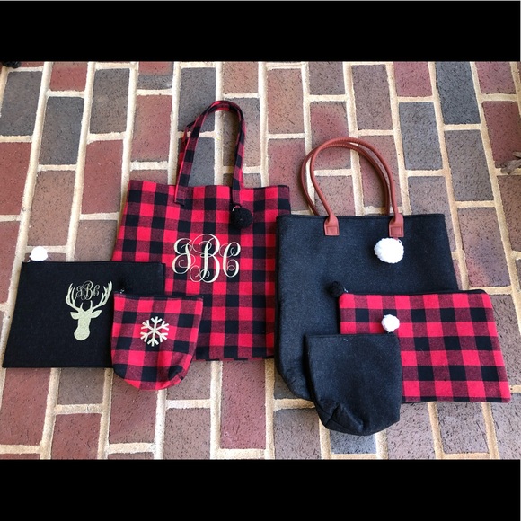 Monogram Red & black buffalo check purse, tote bag - Picture 5 of 8